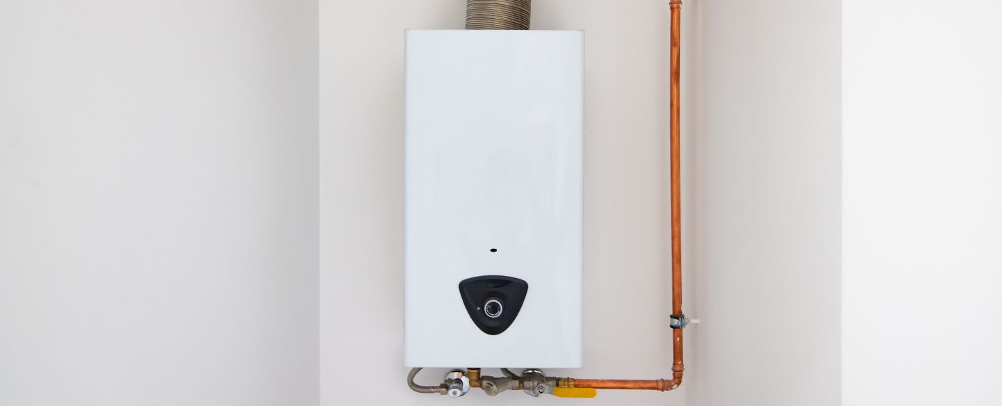 modern home water heater mounted on the wall gray me